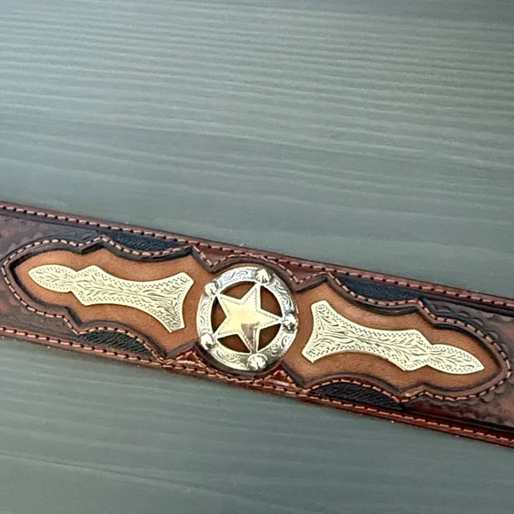 Justin Odessa Star Silver Texas Ranger Brown Leather Belt Vtg 1994 Size 36 - Picture 4 of 16